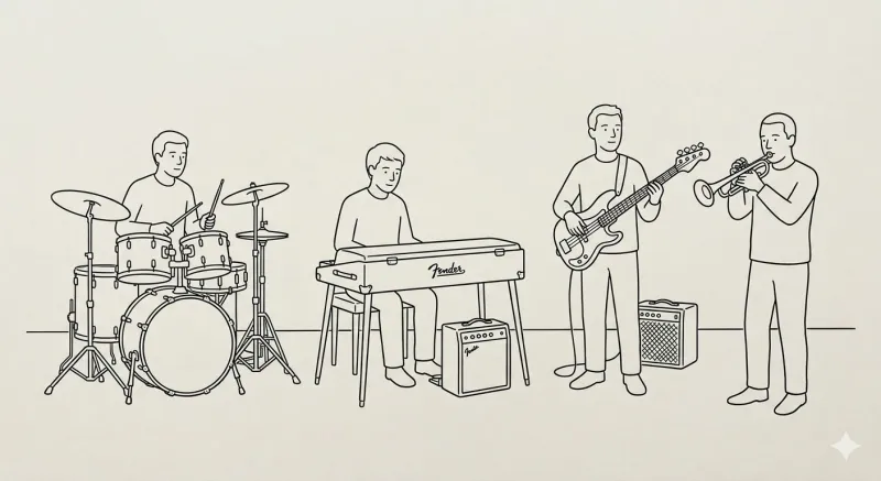 Schéma d'un quatuor électrique avec amplificateurs individuels