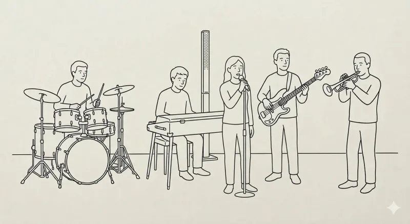 Quintet devant un line array speaker line drawing