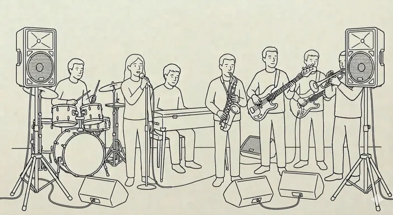 Octet with speakers on feet and floor monitors line drawing